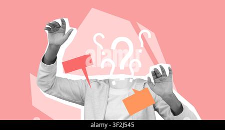 Unrecognizable Hands Raised With Question Marks And Speech Bubbles, Concept Of Confusion Stock Photo
