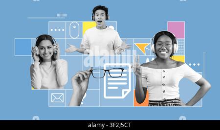 Young Diverse Female And Male Call Center Agents Working, Smiling, Office Environment, Customer Service Concept Stock Photo