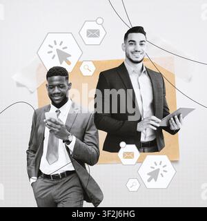 Two Young Businessmen Smiling And Using Smart Devices In Office, Business Concept Stock Photo