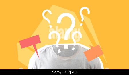 Unrecognizable Figure With Question Marks And Speech Bubbles, Concept Of Uncertainty Stock Photo