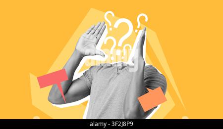 Unrecognizable Person Embracing Confusion With Hands Raised, Orange Background, Concept Of Inquiry Stock Photo