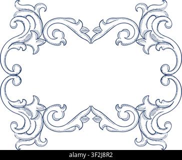 A frame with a decorative baroque ornament. Vector, graphic illustration. White and blue color. A universal element for designing covers, invitations Stock Vector