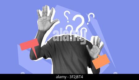 Unrecognizable Person With Hands Raised And Question Marks, Concept Of Inquiry Stock Photo