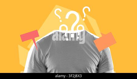 Unrecognizable Person With Gray T-shirt And No Head, Question Marks And Speech Bubbles On Orange Background Stock Photo
