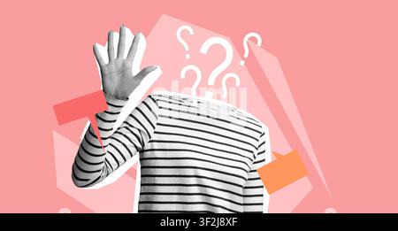Unrecognizable Person Wearing Striped Shirt Raising Hand With Question Marks, Conceptual Image Stock Photo