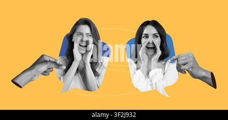 Happy Women Engaging In Excited Conversation, Communicating On Yellow Background Stock Photo