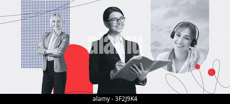 Three Women In Business Attire Smiling And Engaged In Work, Office Setting, Business Concept Stock Photo