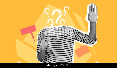 Unrecognizable Person With Hands Raised, Question Marks Floating, Concept Of Uncertainty Stock Photo