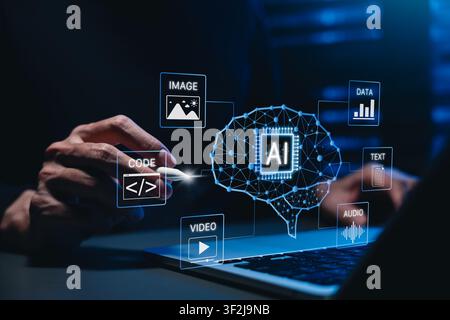 Generative AI Content Creation. AI brain interface with image, code, video, data analytics, text, audio generation tools. generative ai Stock Photo