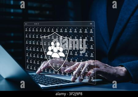 Customer data protection and privacy management concept. shield over user profiles, secure client database, access control, identity safety, GDPR Stock Photo