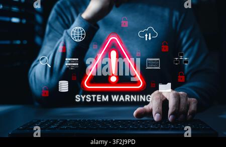 System warning and cybersecurity alert concept featuring danger triangle, unlocked padlocks, server, cloud, database, network icons. system breach Stock Photo