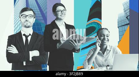 Confident Business Professionals Collaborating In Modern Office Setting, Business Concept Stock Photo