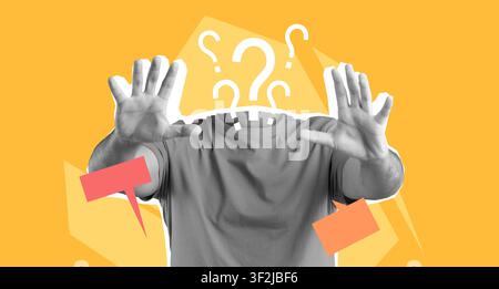 Unrecognizable Man With Hands Raised And Question Marks At Yellow Background, Concept Of Confusion Stock Photo