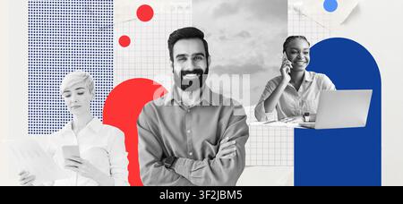 Diverse Group Of Professionals Collaborating, Smiling, Office Setting, Business Concept Stock Photo