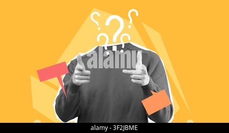 Unrecognizable Person Pointing With Question Marks Above Head, Business Concept Stock Photo