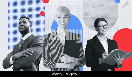 Three Professionals In Office Setting, Smiling And Engaged, Business Concept Stock Photo