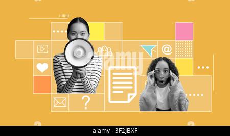 Excited Asian Woman Holding Megaphone And Surprised Woman With Glasses At Business Concept Stock Photo