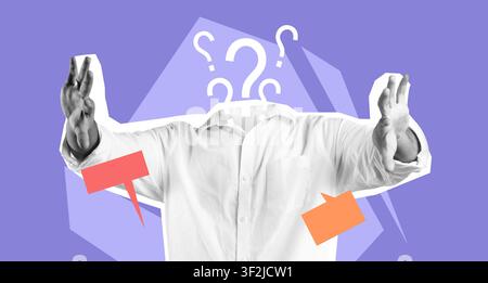 Unrecognizable Man Gesturing With Hands And Question Marks, Concept Of Confusion Stock Photo