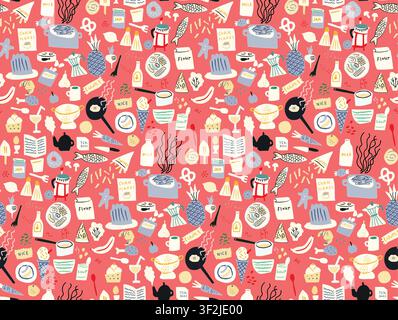 Seamless vector pattern featuring cute hand-drawn food, ingredients, and kitchen tools in a papercut style on a red background. Great for textiles and Stock Vector