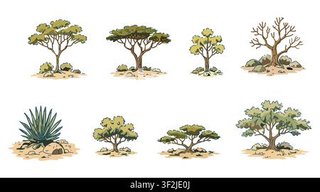 A comprehensive vector illustration set featuring various types of desert trees in a beautiful hand-drawn sketch style. Perfect for architectural visu Stock Vector