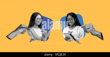 Two Happy Young Women Engaging In Study Discussion With Tablets, Office Setting, Collaboration Concept Stock Photo