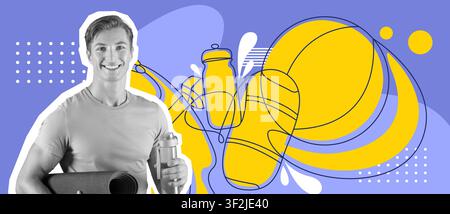 Smiling Young Caucasian Man Holding Fitness Mat And Water Bottle, Gym Setting, Health Concept Stock Photo