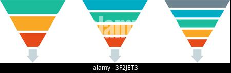 Sale marketing funnels set. Business pyramid template with steps. Funnel diagram steps template. Filter level icon. Infographic cone chart. Vector Stock Vector