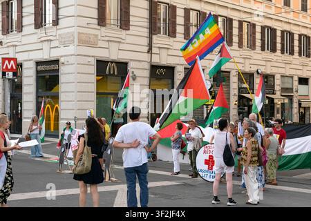 Demonstrators gather near a Palestinian flag during a protest in Lyon ...