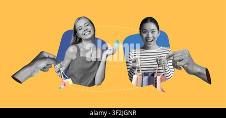 Smiling Young Caucasian Woman And Asian Woman Shopping Together, Colorful Background Stock Photo