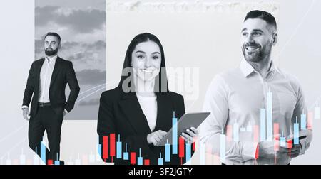 Business Professionals Smiling And Collaborating In Office, Caucasian And Hispanic Female And Male Stock Photo