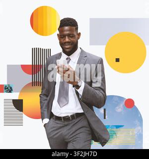 Smiling Black Male Businessman Using Smartphone In Office, Business Concept Stock Photo