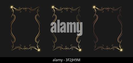 Set of golden calligraphic frames on black background. Luxury golden borders. Vector illustration Stock Vector