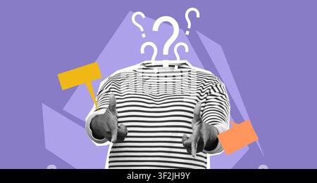 Unrecognizable Person Gesturing With Hands And Question Marks, Purple Background. Business Concept Stock Photo