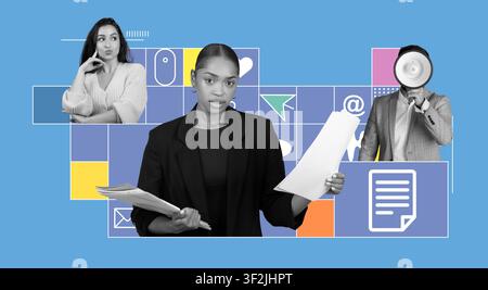 Focused Black Woman Holding Papers In Office, Engaged In Multitasking, Business Concept Stock Photo