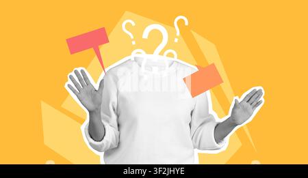 Unrecognizable Person Gesturing With Question Marks And Speech Bubbles, Inquiry Concept Stock Photo