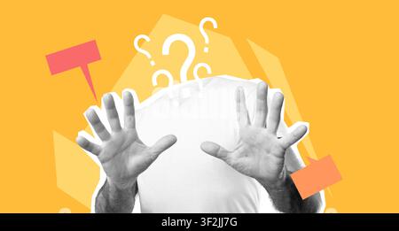 Unrecognizable Hands Raised With Question Marks On Orange Background, Confusion Concept Stock Photo