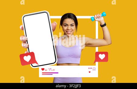 Fit Young African American Woman Using Dumbbell And Smartphone, Focusing On Fitness Goals Stock Photo