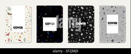 Note book cover design. Terrazzo abstract background made of natural stones, granite, quartz and marble. Venetian terrazzo texture note book template. Stock Vector