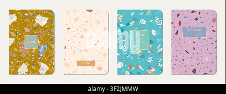 Note book cover design. Terrazzo abstract background made of natural stones, granite, quartz and marble. Venetian terrazzo texture note book template. Stock Vector