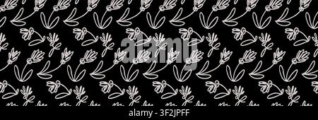 Hand Drawn Doodle Floral Seamless Pattern on Black Background Stock Vector