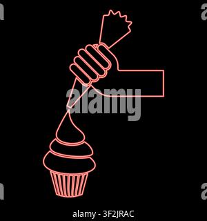 Neon confectionery syringe icing pastry cupcake pastry with cream red color vector illustration image flat style light Stock Vector