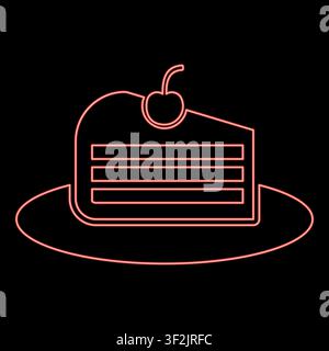 Neon piece of cake slice with cherry red color vector illustration image flat style light Stock Vector
