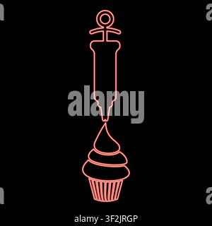 Neon confectionery syringe icing pastry cupcake pastry with cream red color vector illustration image flat style light Stock Vector