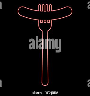 Neon sausage on fork grilled barbeque meat BBQ picnic food restaurant concept red color vector illustration image flat style light Stock Vector