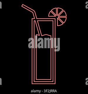 Neon cocktail with straw and limon in glass alcoholic beverage concept leisure lime drink Mocktail red color vector illustration image flat style Stock Vector