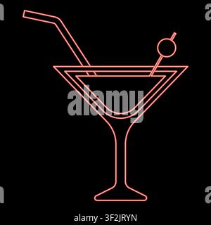 Neon martini cocktail with straw and olive garnished in glass alcoholic concept leisure red color vector illustration image flat style light Stock Vector
