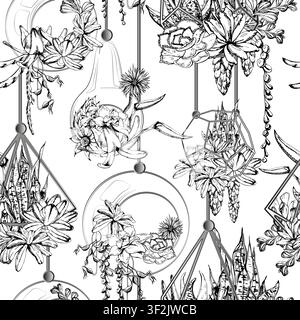 Mixed succulents, flowing vines set in polygon mesh frames and transparent glass terrariums. Seamless botanical pattern hand drawn in vector ink. Zero Stock Vector