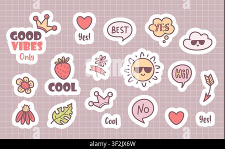 Cute Positive Sticker Planner Set with Quotes, Speech Bubbles, Sun, Strawberry, Crown, Flowers and Hearts. Isolated Colored Hand Drawn Doodle. Vector Stock Vector