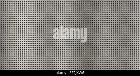 Realistic silver perforated metal plate texture with evenly spaced round holes creating a seamless industrial background. Stock Vector