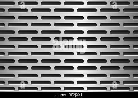 Realistic brushed silver perforated metal plate texture with horizontal slots on a dark industrial background. Stock Vector